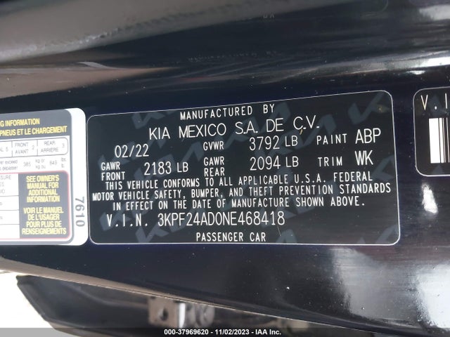 2022 KIA FORTE LXS VIN: 3KPF24AD0NE468418