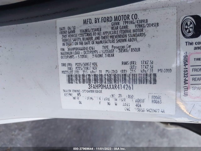 2010 FORD FUSION SE VIN: 3FAHP0HAXAR414261