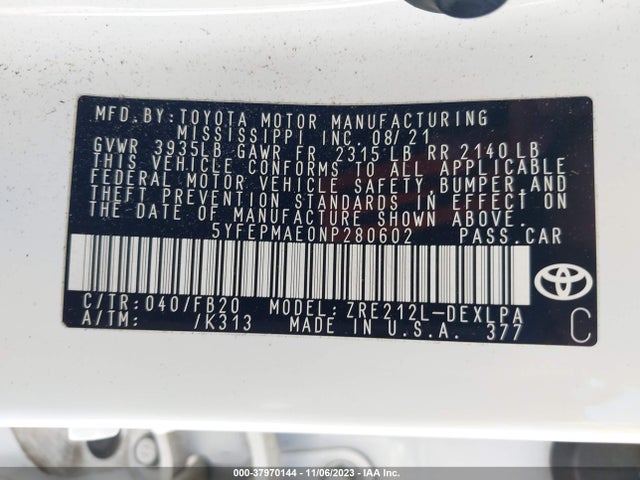 2022 TOYOTA COROLLA LE VIN: 5YFEPMAE0NP280602