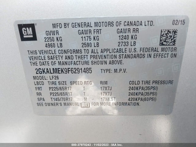 GMC Terrain Sle 2015 2GKALMEK9F6291485 Image 9