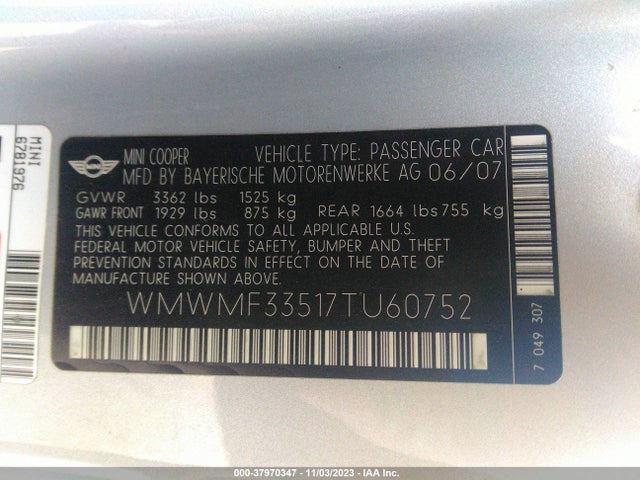 2007 MINI COOPER WMWMF33517TU60752 Photo 8