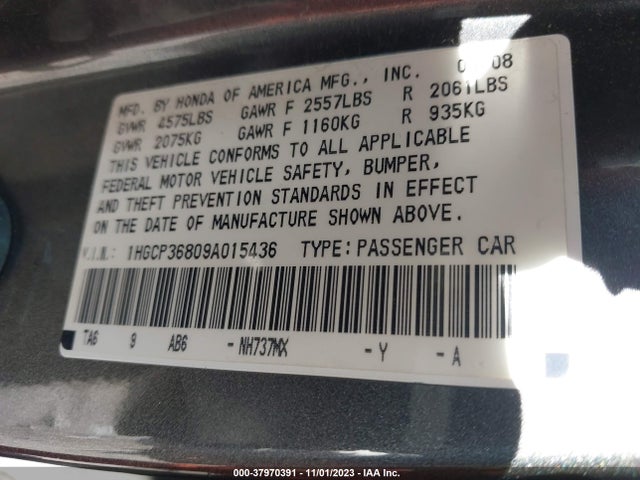 2009 HONDA ACCORD SDN EX-L VIN: 1HGCP36809A015436