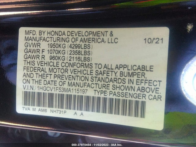 Продажа на аукционе авто 2021 Honda Accord Ex-l, vin: 1HGCV1F53MA115197, номер лота: 37970454