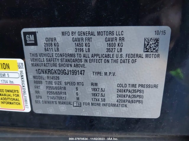 Chevrolet Traverse 1lt 2016 1GNKRGKD9GJ199147 Image 9