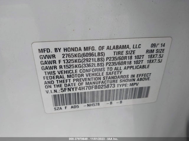 Honda Pilot Ex-l 2015 5FNYF4H70FB025873 Image 9