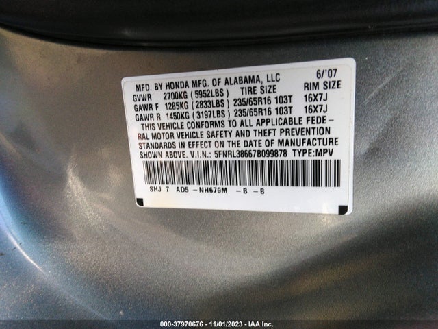 2007 HONDA ODYSSEY EX-L VIN: 5FNRL38667B099878
