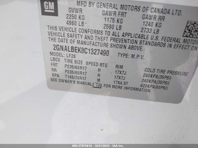 2012 CHEVROLET EQUINOX LS VIN: 2GNALBEK8C1327490