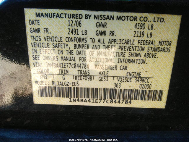 2007 NISSAN MAXIMA 3.5 SL VIN: 1N4BA41E77C844784