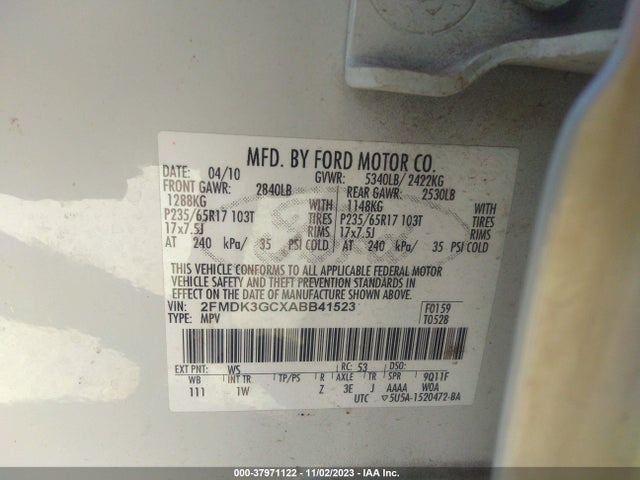 2010 FORD EDGE SE VIN: 2FMDK3GCXABB41523