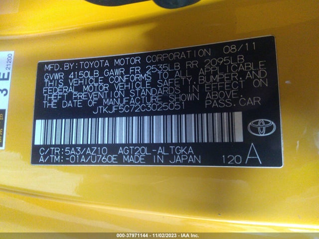 37971144 :رقم المزاد ، JTKJF5C72C3025051 vin ، 2012 Scion Tc Release Series 7.0 مزاد بيع