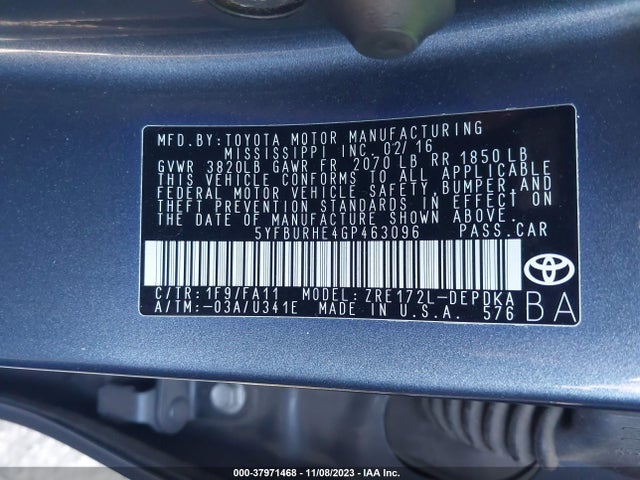 2016 TOYOTA COROLLA L VIN: 5YFBURHE4GP463096