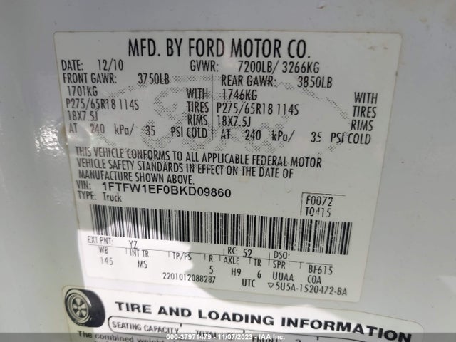 2011 FORD F-150 XLT VIN: 1FTFW1EF0BKD09860