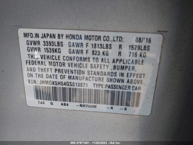 2016 HONDA FIT LX VIN: JHMGK5H54GS013871