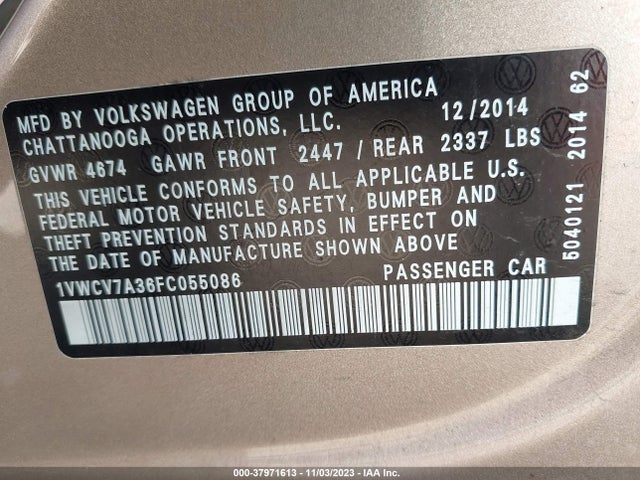 1VWCV7A36FC055086 Volkswagen Passat 2.0l Tdi Sel Premium