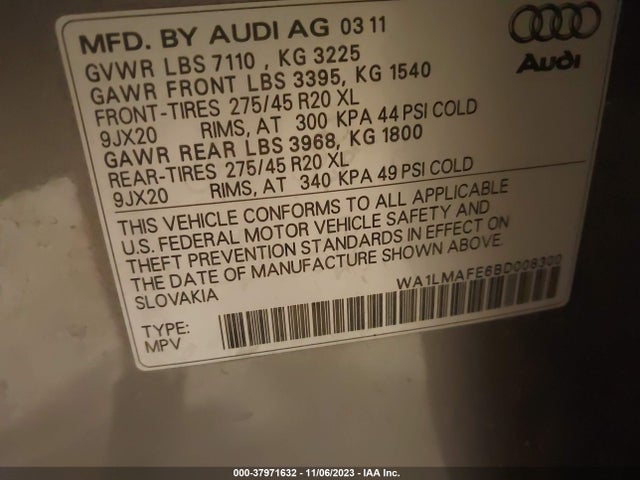 2011 AUDI Q7 3.0L TDI PREMIUM PLUS VIN: WA1LMAFE6BD008300