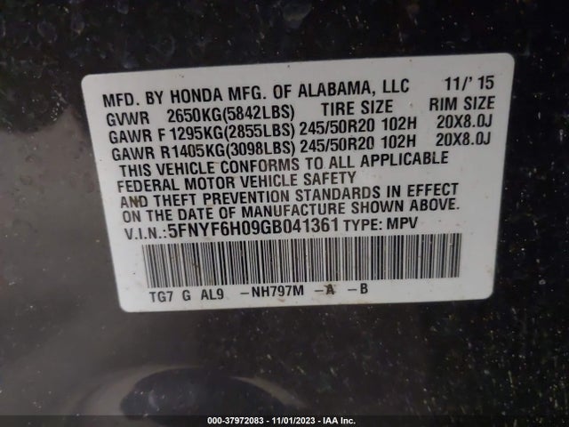 Honda Pilot Elite 2016 5FNYF6H09GB041361 Image 9
