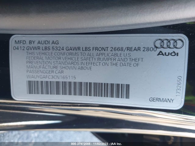 2012 AUDI A7 PREMIUM VIN: WAUYGAFC3CN165115