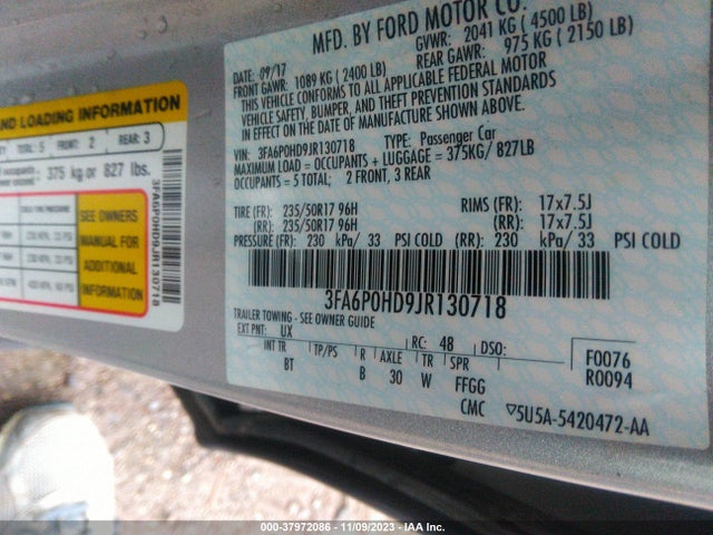 Ford FUSION SE 2018 3FA6P0HD9JR130718 Image 9