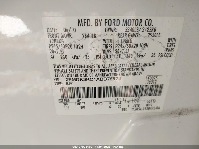 2010 FORD EDGE LIMITED VIN: 2FMDK3KC1ABB75874
