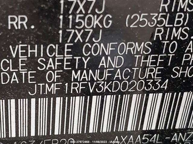 2019 TOYOTA RAV4 LE VIN: JTMF1RFV3KD020334