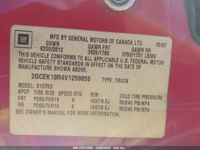 1997 CHEVROLET C/K 1500 SILVERADO SPORTSIDE VIN: 2GCEK19R4V1259853