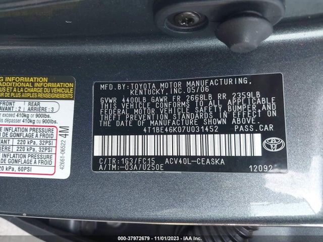 2007 TOYOTA CAMRY SE VIN: 4T1BE46K07U031452