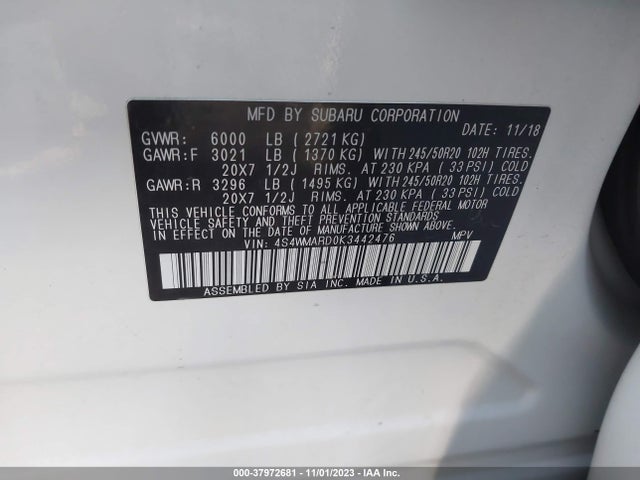 2019 SUBARU ASCENT TOURING VIN: 4S4WMARD0K3442476