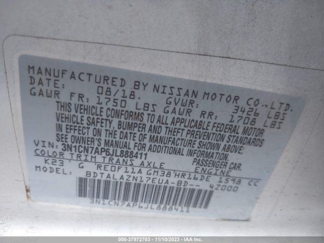 3N1CN7AP6JL888411 Nissan Versa Sedan S Plus