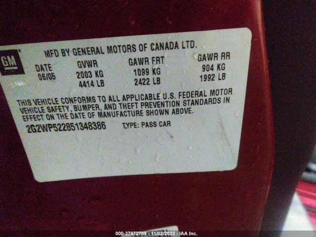 2005 PONTIAC GRAND PRIX VIN: 2G2WP522851348386
