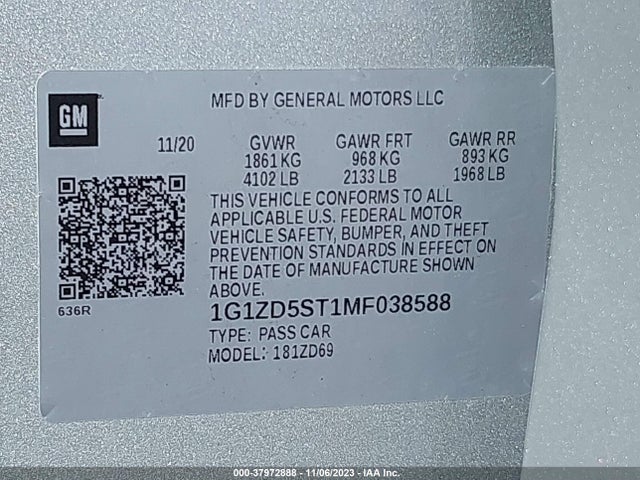 2021 CHEVROLET MALIBU FWD LT VIN: 1G1ZD5ST1MF038588