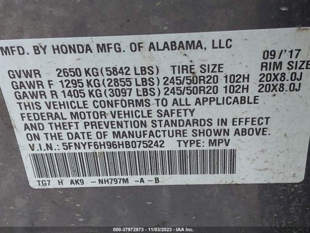5FNYF6H96HB075242 Honda Pilot Touring