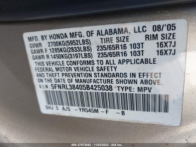 2005 HONDA ODYSSEY EX VIN: 5FNRL38405B425038