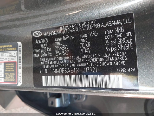 2022 HYUNDAI TUCSON SEL VIN: 5NMJB3AE4NH017921