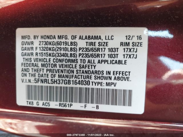5FNRL5H37GB164030 Honda ODYSSEY SE