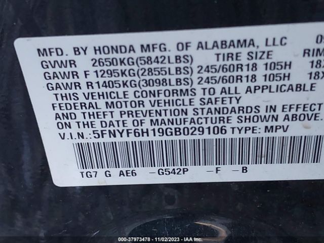 5FNYF6H19GB029106 Honda PILOT LX