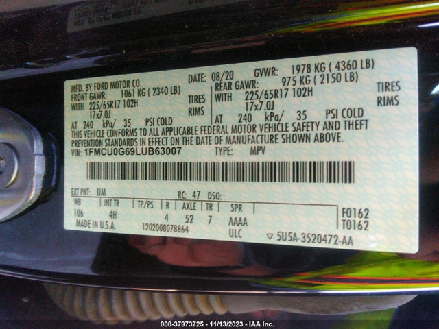 2020 FORD ESCAPE SE VIN: 1FMCU0G69LUB63007