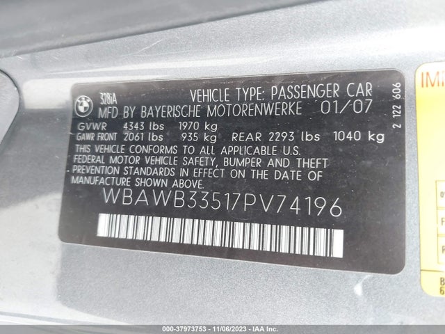 2007 BMW 328I VIN: WBAWB33517PV74196
