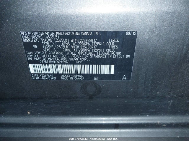 2012 TOYOTA RAV4 VIN: 2T3BF4DVXCW246963