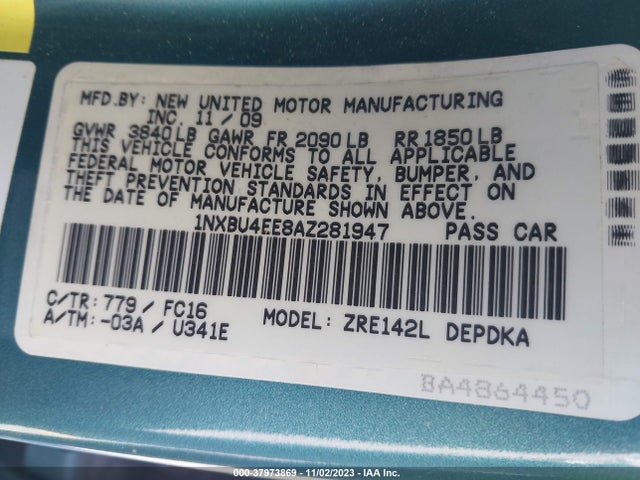 2010 TOYOTA COROLLA LE VIN: 1NXBU4EE8AZ281947