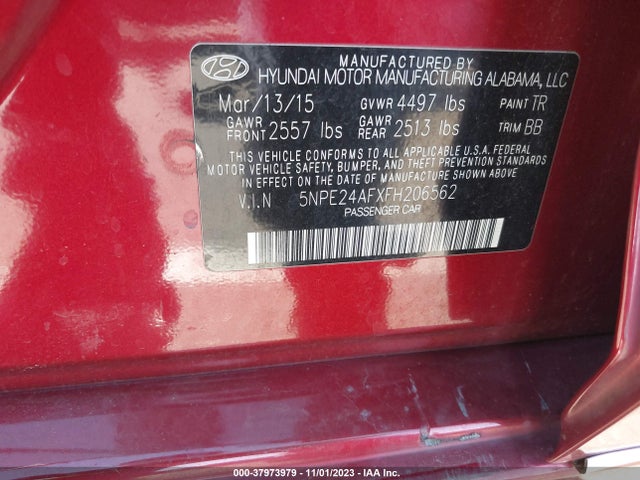2015 HYUNDAI SONATA SE VIN: 5NPE24AFXFH206562