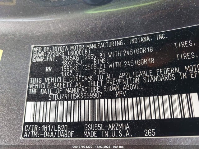 Toyota Highlander Xle 2019 5TDJZRFH5KS959907 Image 9