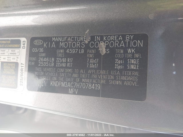 2017 KIA SPORTAGE LX VIN: KNDPM3AC7H7078419
