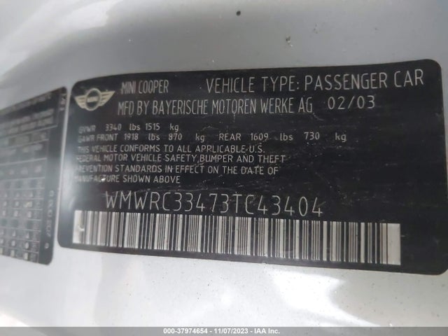 2003 MINI COOPER HARDTOP WMWRC33473TC43404 Photo 8