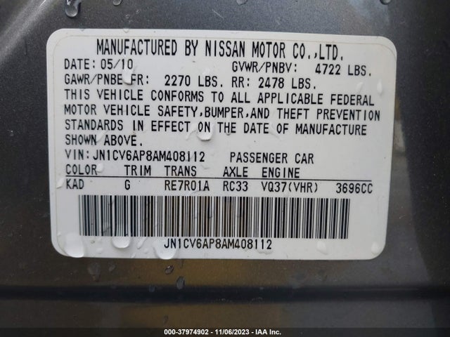 2010 INFINITI G37 JOURNEY VIN: JN1CV6AP8AM408112