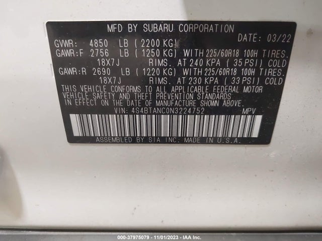 2022 SUBARU OUTBACK LIMITED VIN: 4S4BTANC0N3224752