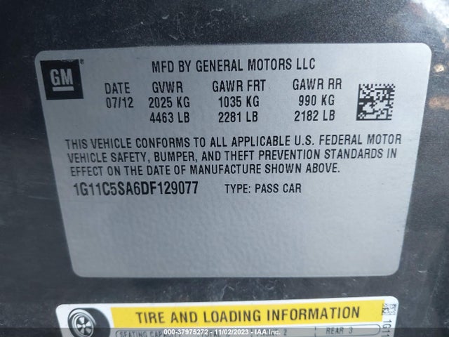 2013 CHEVROLET MALIBU 1LT VIN: 1G11C5SA6DF129077