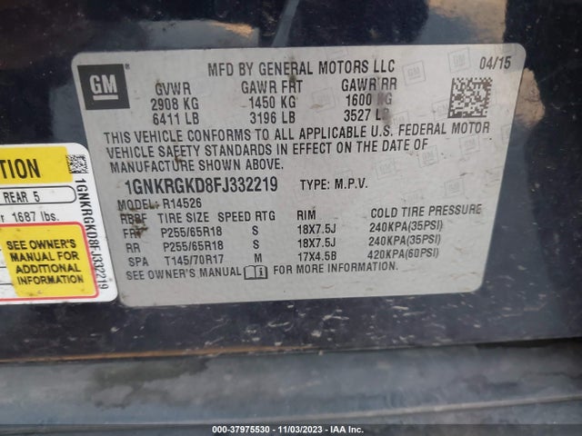 Chevrolet Traverse 1lt 2015 1GNKRGKD8FJ332219 Image 9