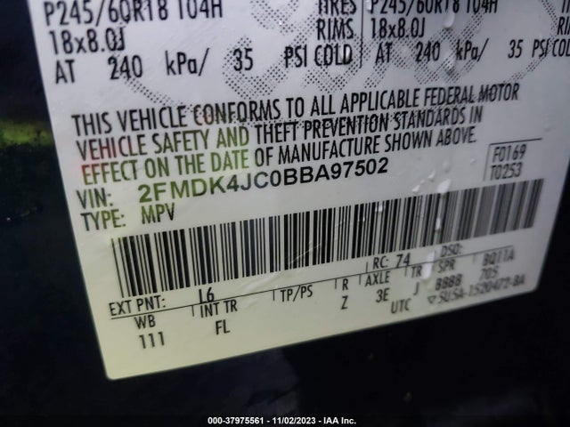 2011 FORD EDGE SEL VIN: 2FMDK4JC0BBA97502
