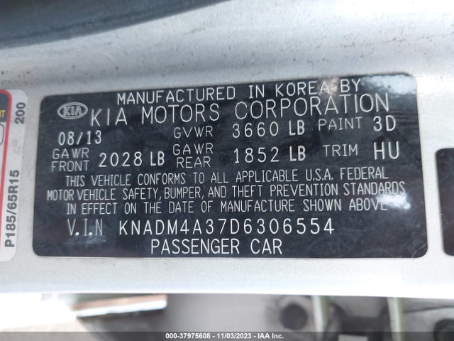 2013 KIA RIO LX VIN: KNADM4A37D6306554