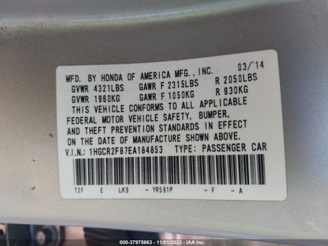 1HGCR2F87EA184853 Honda Accord Sedan Ex-l